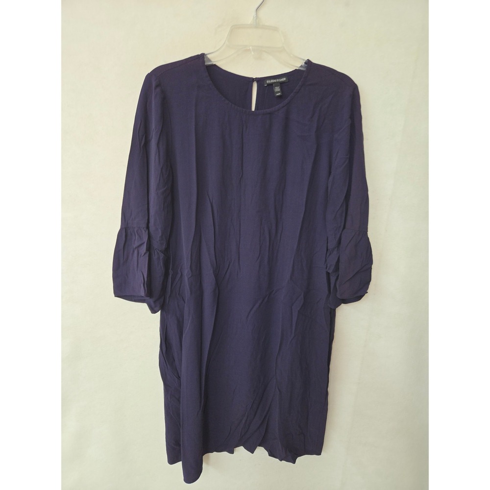 Eileen Fisher Silk Shift Dress Womens Medium Purple Tiered Bell Sleeve Pockets